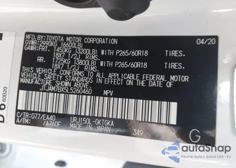 2020 Lexus Gx 460 Premium z USA, uszkodzony, nr VIN JTJAM7BX5L5260460